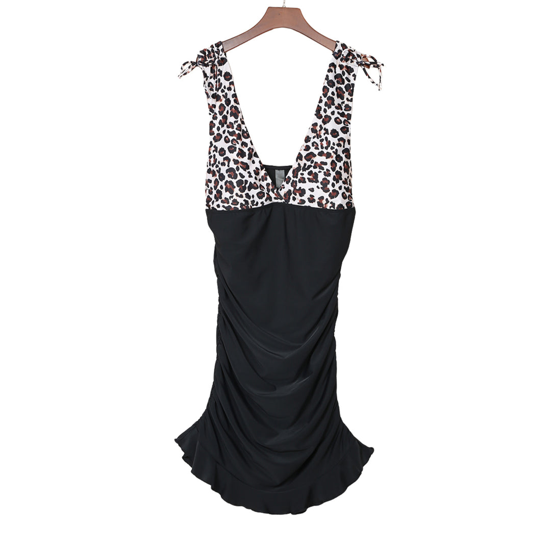 Womens Black Plus Size Leopard Print Ruched Ruffle V Neck One-piece Swimsuit Image 8