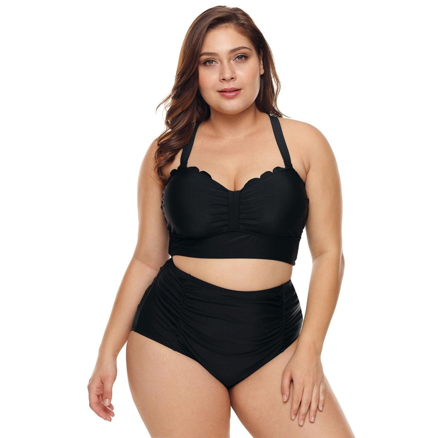 Womens Black Plus Size Scalloped Detail High Waist Bikini Swimsuit Image 1