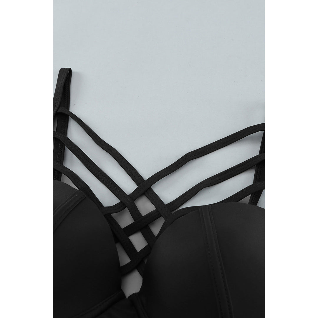 Womens Black Strappy Neck Detail High Waist Plus Size Swimsuit Image 1