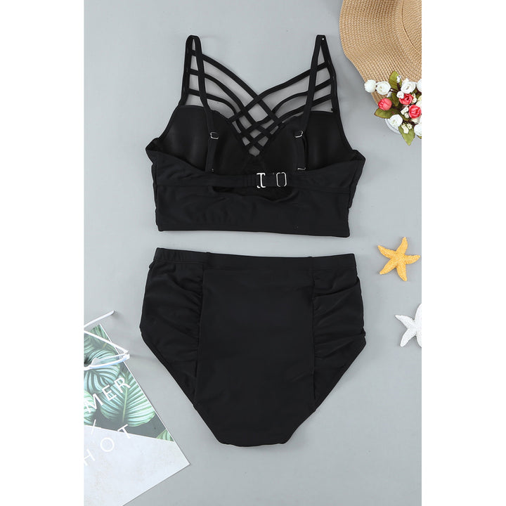 Womens Black Strappy Neck Detail High Waist Plus Size Swimsuit Image 3