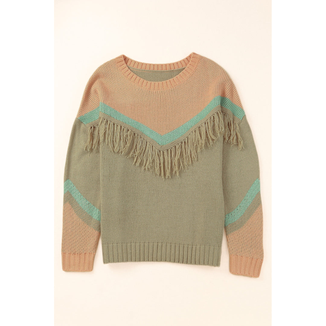 Women's Multicolor Color Mixed Fringe Pullover Plus Size Sweater Image 1