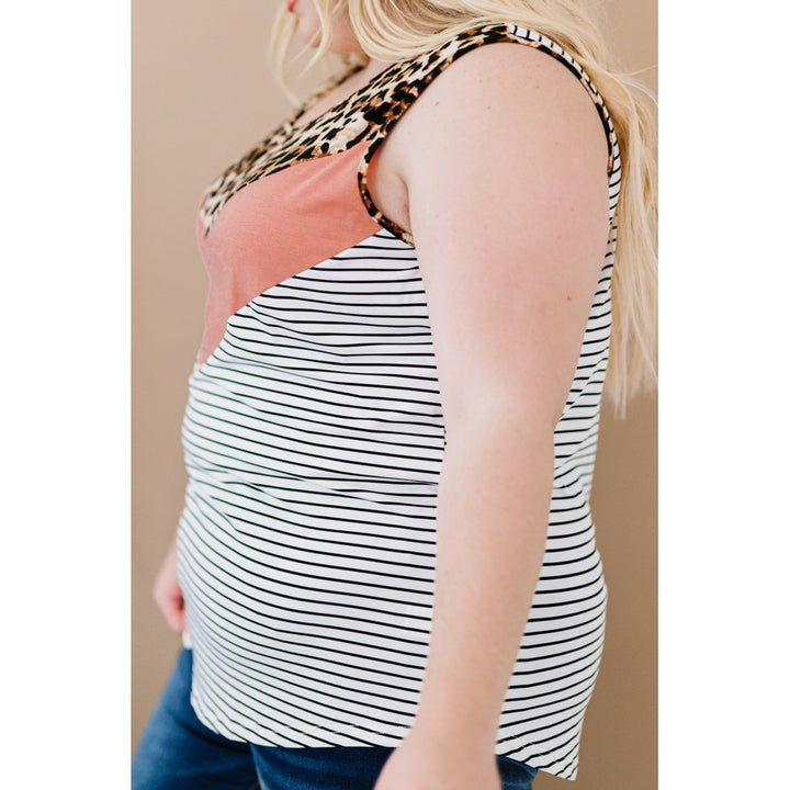 Womens Pink Colorblock Leopard Stripes Patchwork Plus Size Tank Image 1