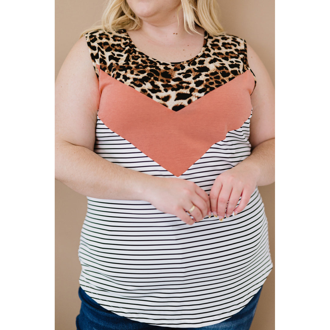 Womens Pink Colorblock Leopard Stripes Patchwork Plus Size Tank Image 3
