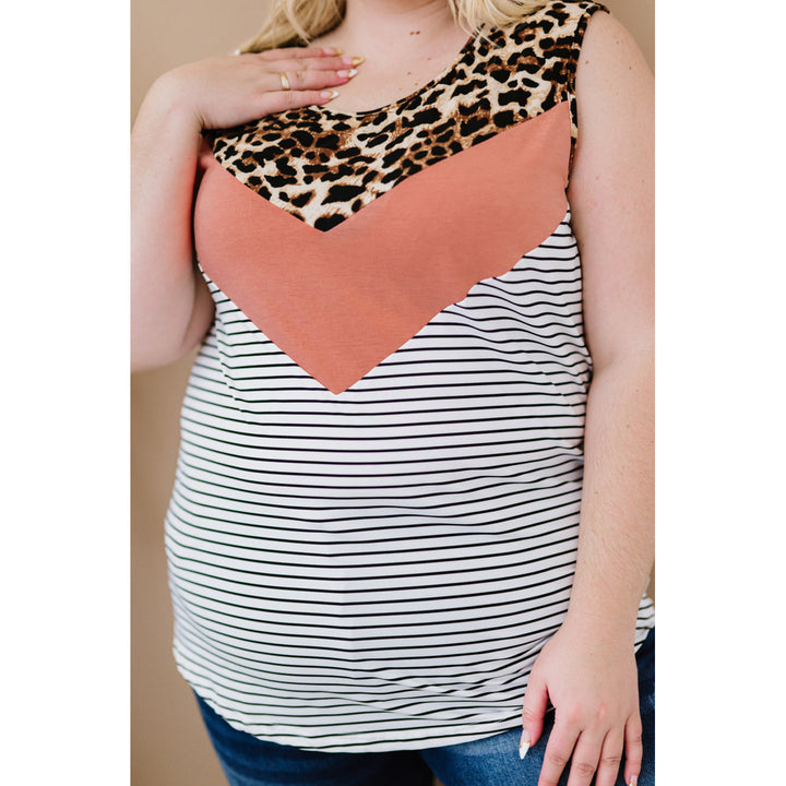 Womens Pink Colorblock Leopard Stripes Patchwork Plus Size Tank Image 4