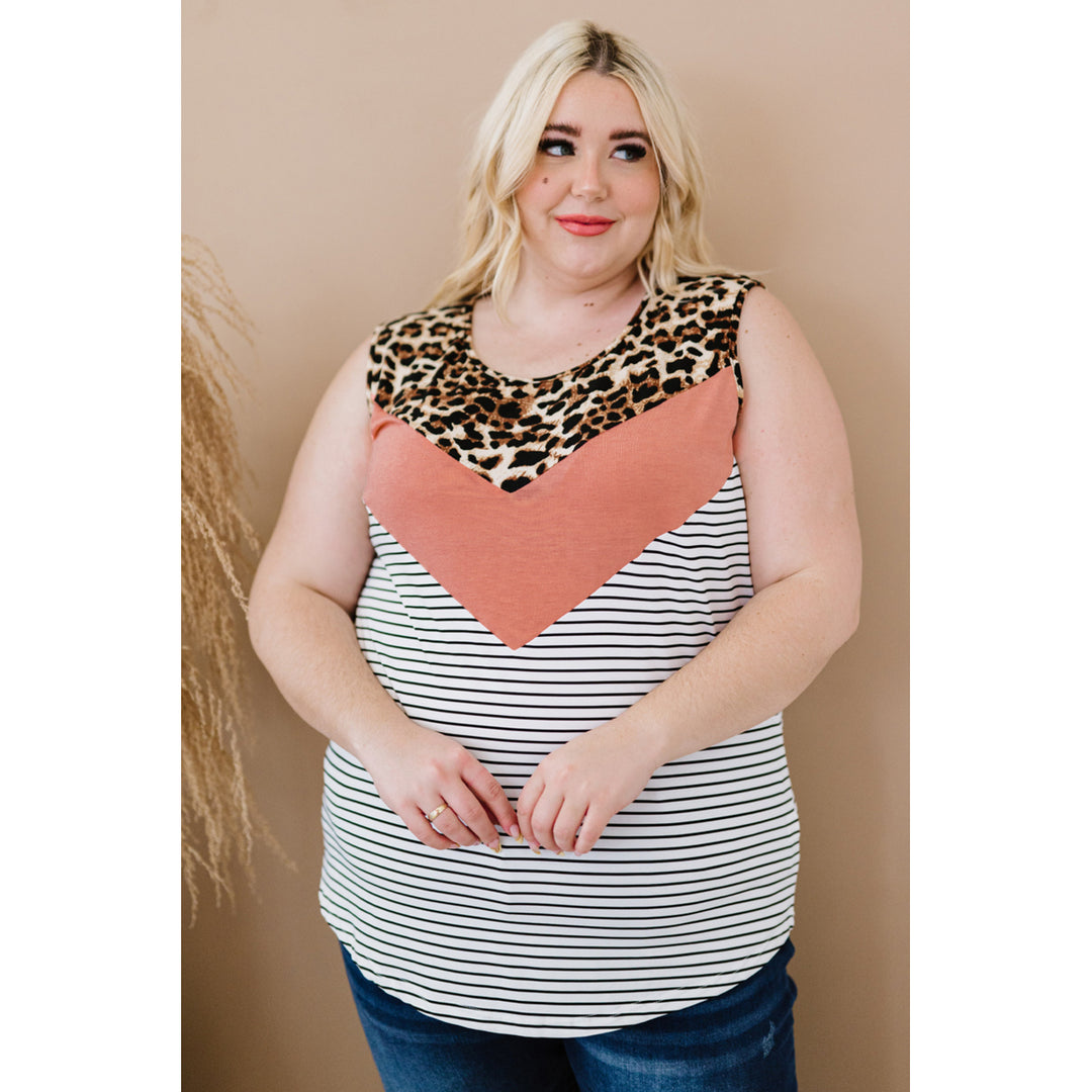 Womens Pink Colorblock Leopard Stripes Patchwork Plus Size Tank Image 7