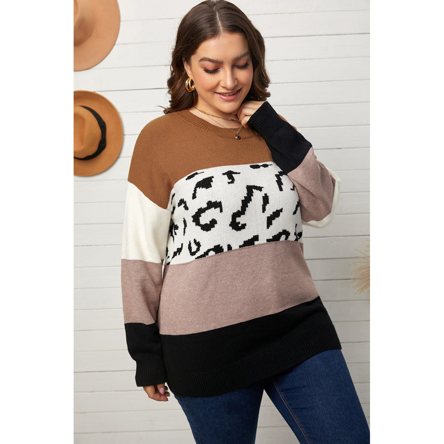 Womens Leopard Colorblock Crew Neck Plus Size Knitted Sweater Image 1