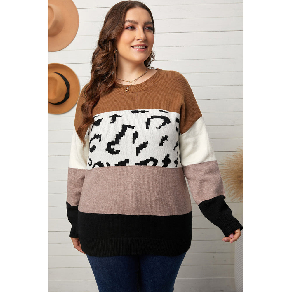 Womens Leopard Colorblock Crew Neck Plus Size Knitted Sweater Image 2