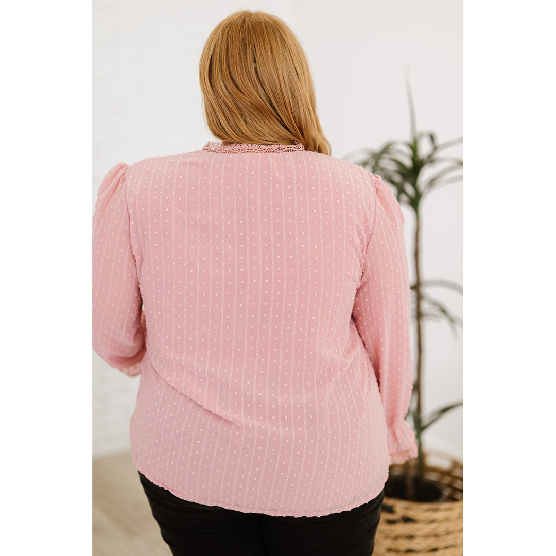 Women's Pink Swiss Dot Lace Splicing Plus Size Blouse Image 2