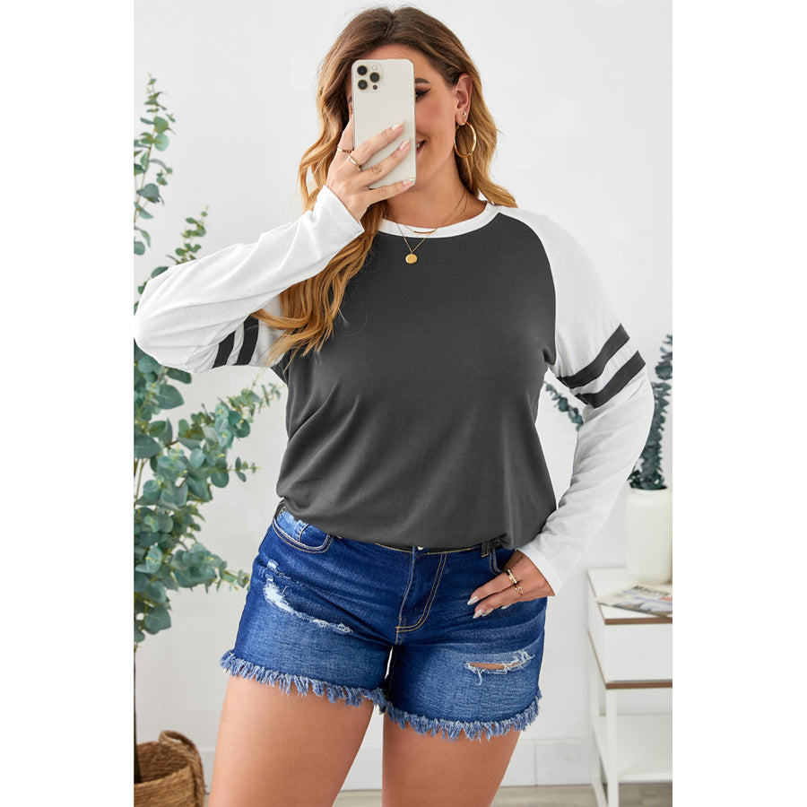 Women's Gray Crewneck Striped Splicing Sleeve Patchwork Plus Size Top Image 1