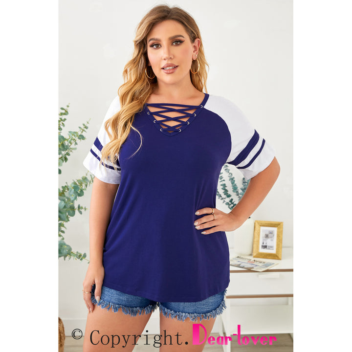 Womens Blue Crisscross V Neck Raglan Sleeve Plus Size Tee Image 7