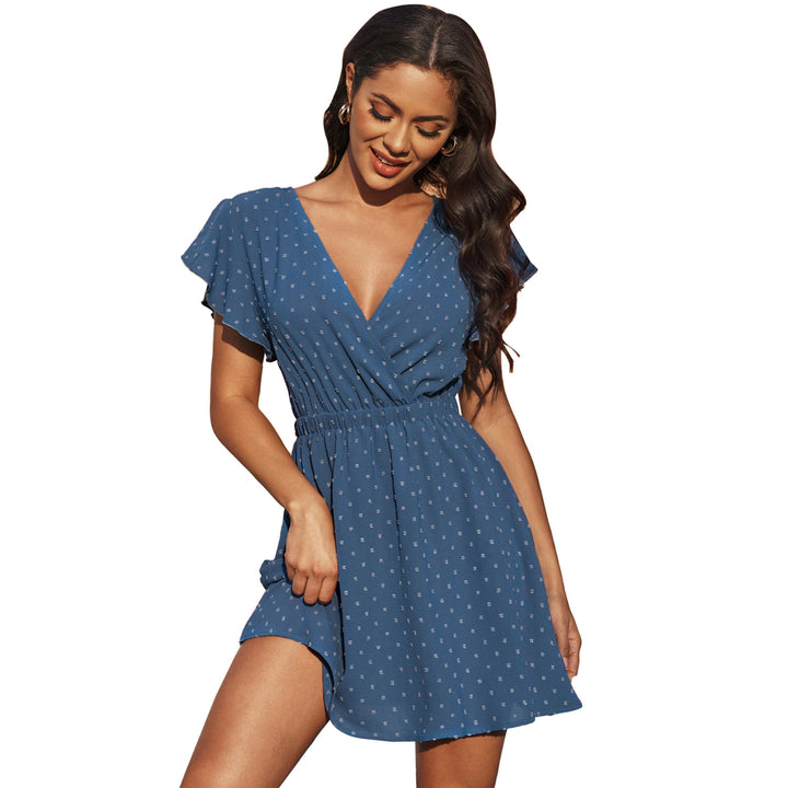 Womens Sky Blue Swiss Dot V Neck Wrap Beach Dress Image 9