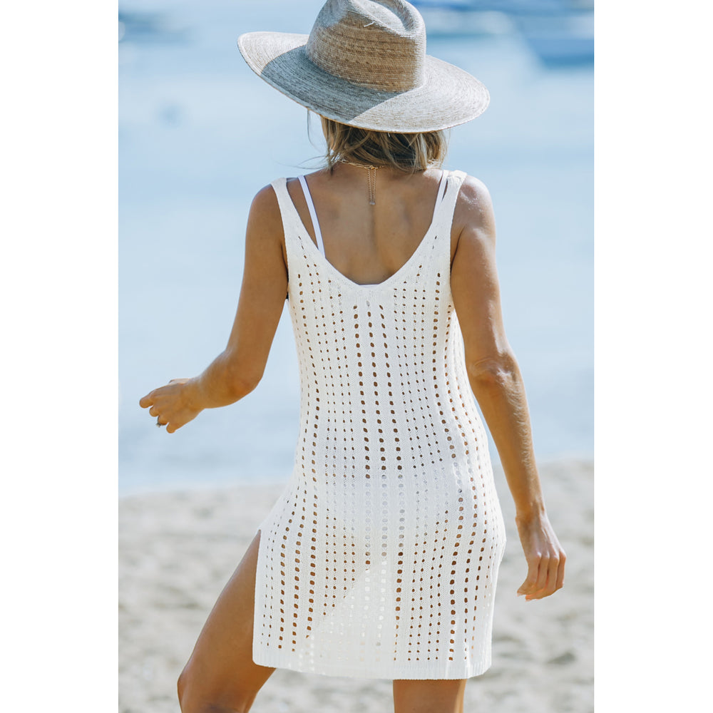 Womens White Hollow Out Crochet Cover Up Beach Dress with Slits Image 2