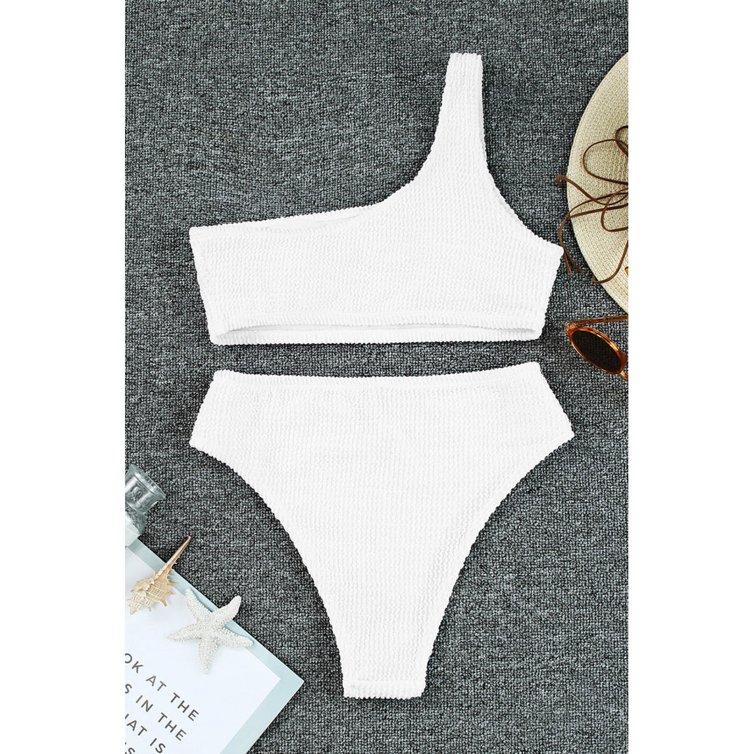 Womens White Crinkle Textured Asymmetric One Shoulder Bikini Swimsuit Image 6