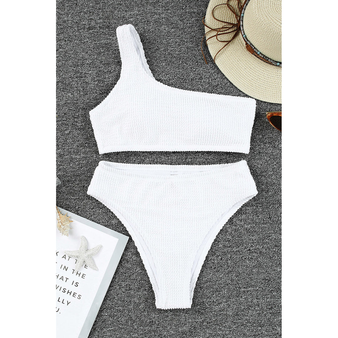 Womens White Crinkle Textured Asymmetric One Shoulder Bikini Swimsuit Image 7