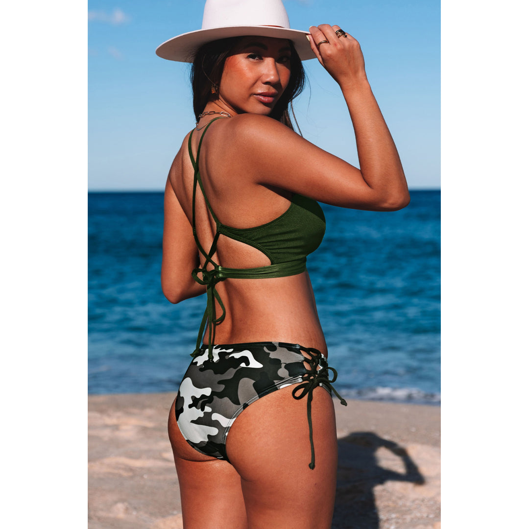 Womens Green Ribbed Halter Camo Lace up Bikini Swimsuit Image 3