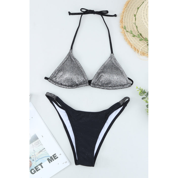 Womens Black Glitter Halter Neck Bikini Set Image 6