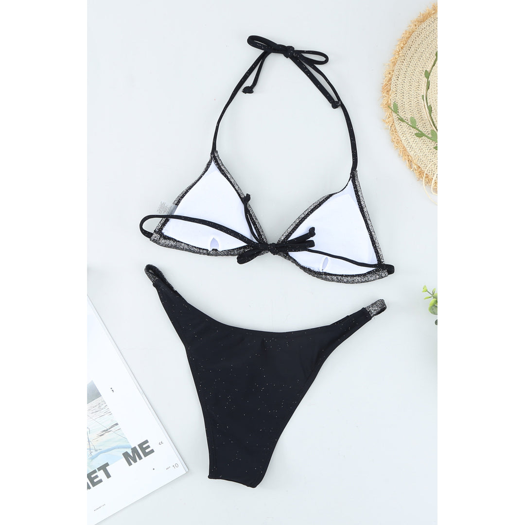 Womens Black Glitter Halter Neck Bikini Set Image 7