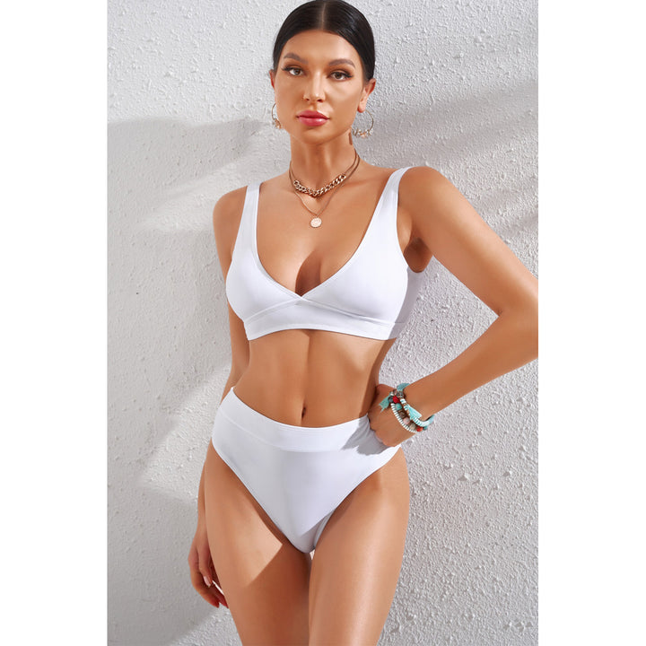 Womens White Plain Ribbed Texture Sexy Bikini Set Image 6