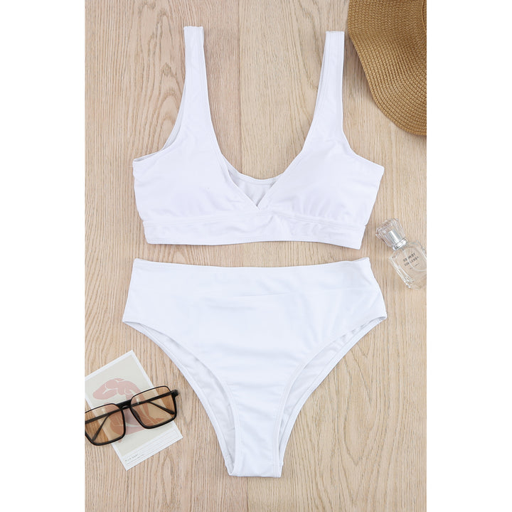 Womens White Plain Ribbed Texture Sexy Bikini Set Image 10