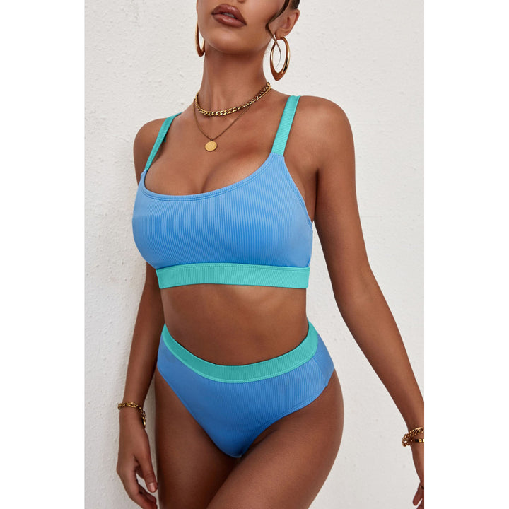 Womens Sky Blue Color Block Ribbed Bikini Swimwear Image 1