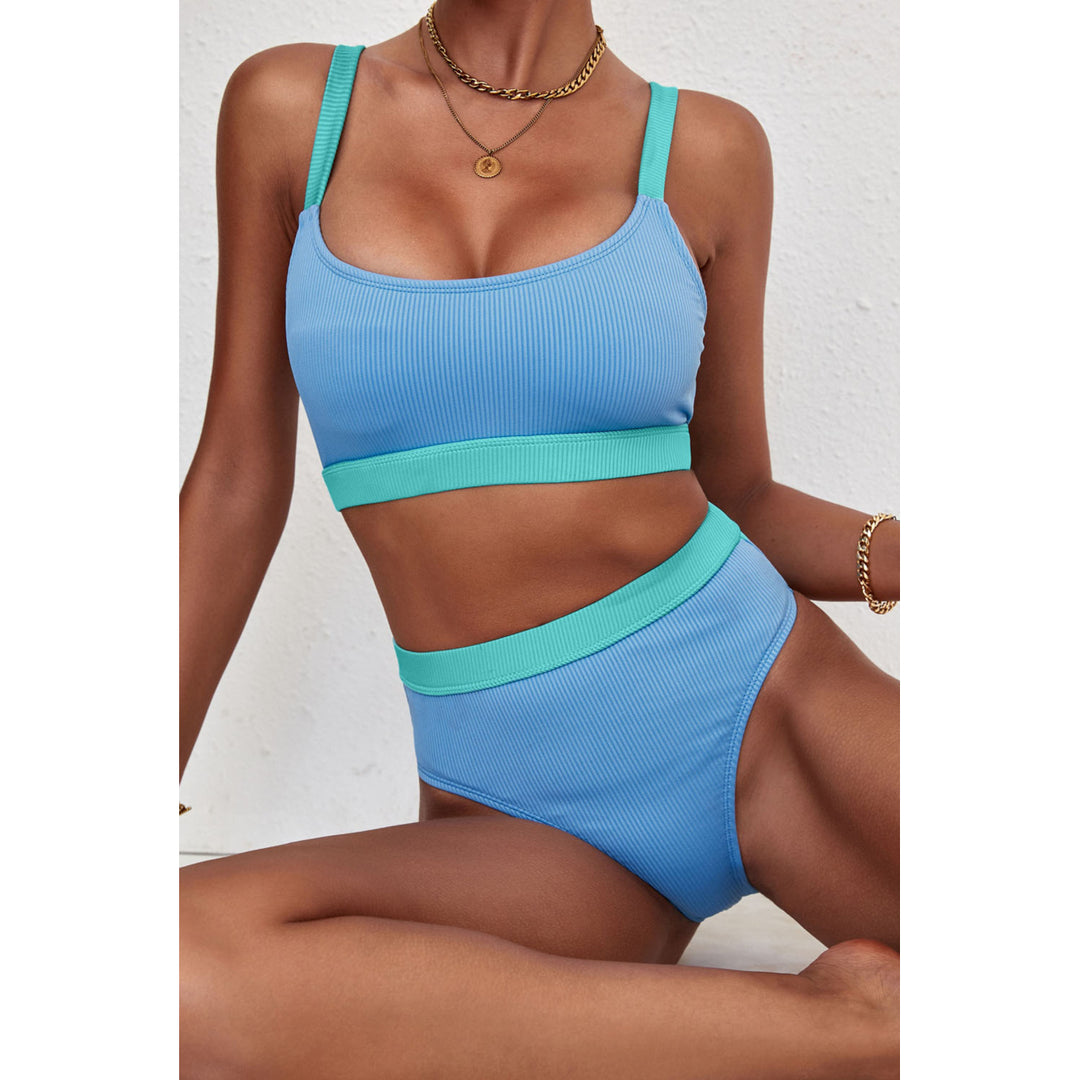 Womens Sky Blue Color Block Ribbed Bikini Swimwear Image 3