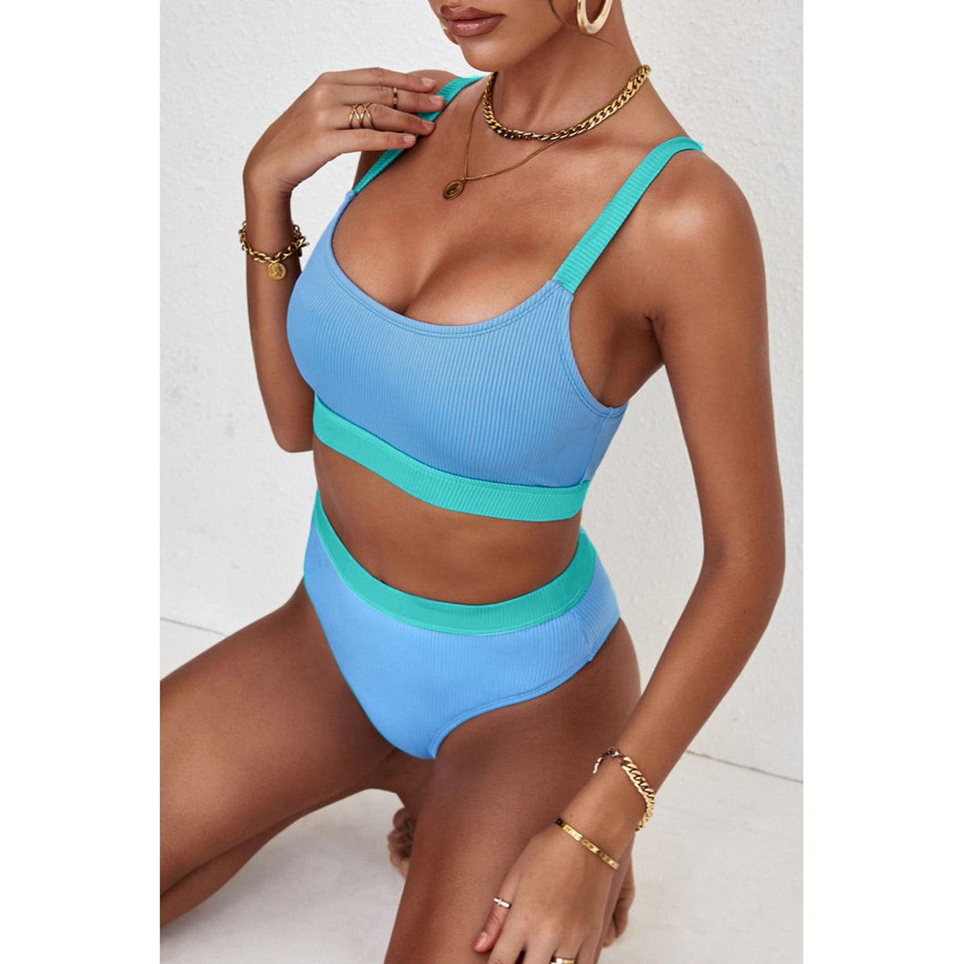 Womens Sky Blue Color Block Ribbed Bikini Swimwear Image 4