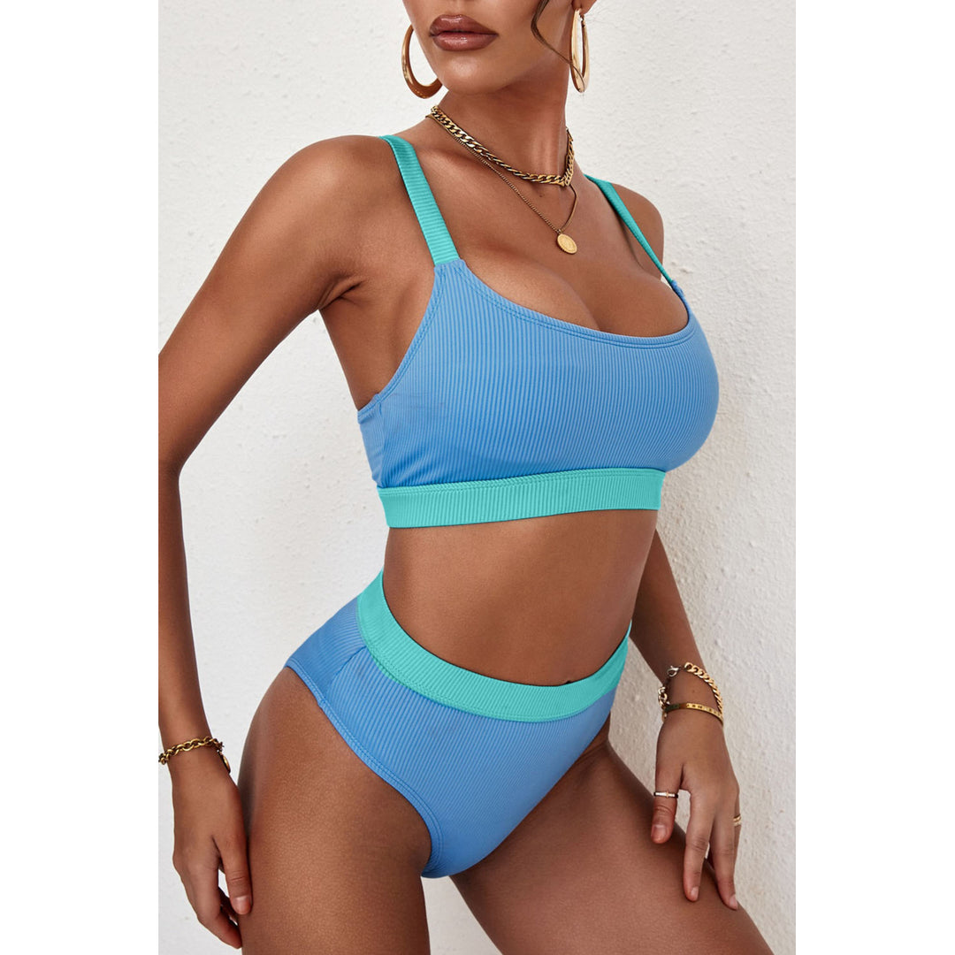 Womens Sky Blue Color Block Ribbed Bikini Swimwear Image 6