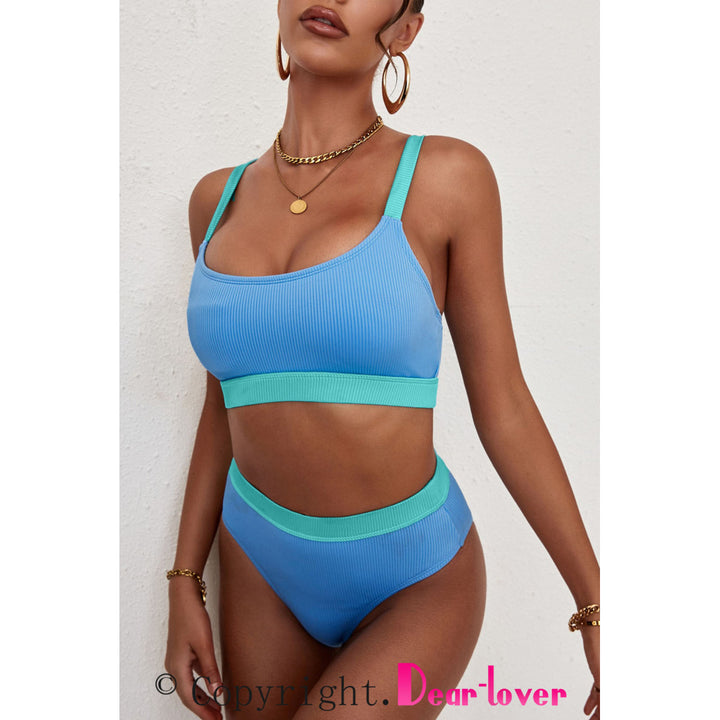 Womens Sky Blue Color Block Ribbed Bikini Swimwear Image 7