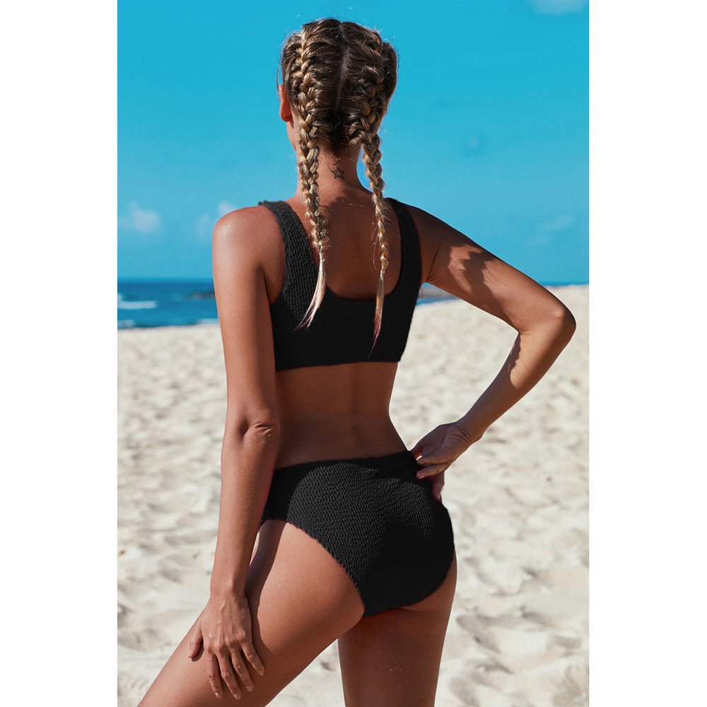 Women's Black Scoop Neck Crop Top Mid Rise Bottom Two-piece Swimsuit Image 2