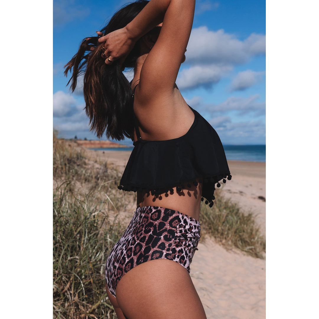 Womens Black Pom Pom Trim Leopard High Waist Bikini Swimsuit Image 3