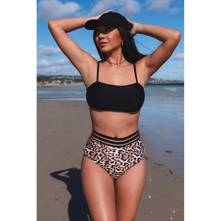 Womens Black Strappy Cage Back Leopard High Waist Bikini Swimsuit Image 2