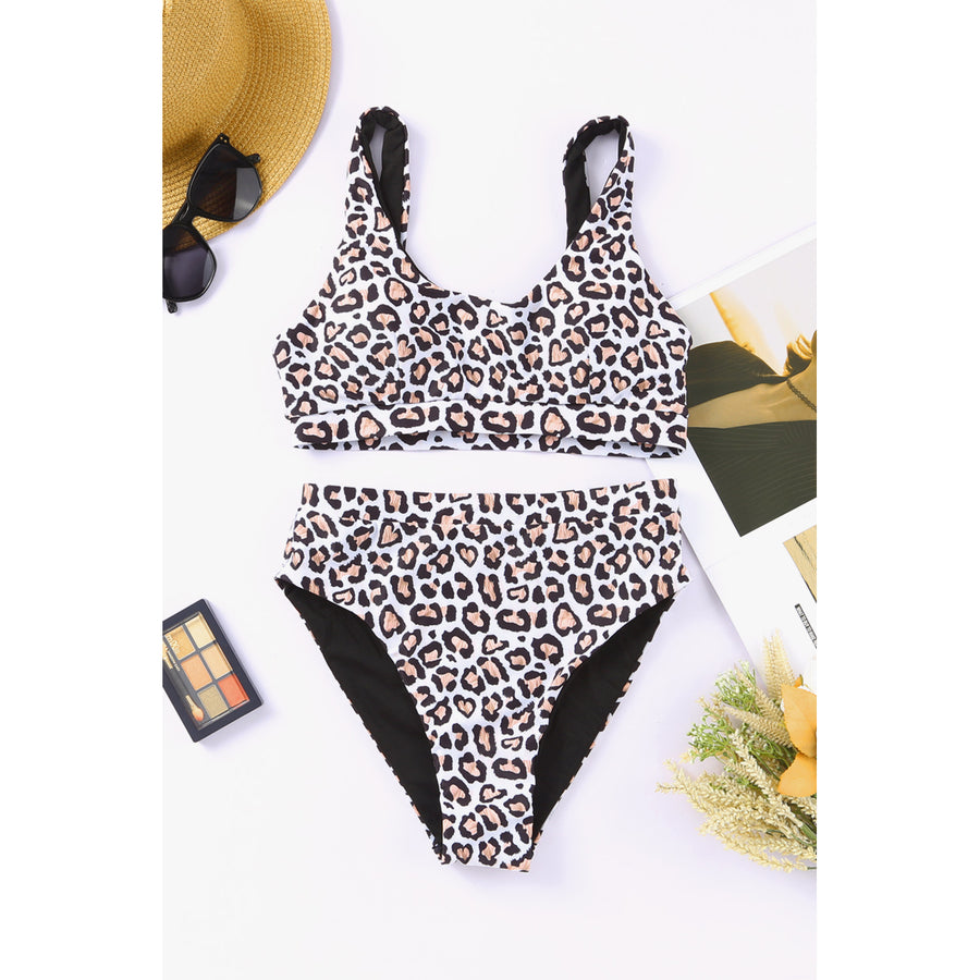 Womens Leopard Print U-neck High Waist Bikini Swimwear Image 1