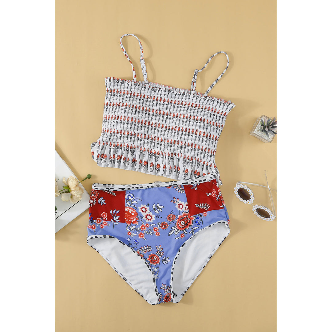 Womens White Printed Smocked High Waisted Swimsuit Image 9
