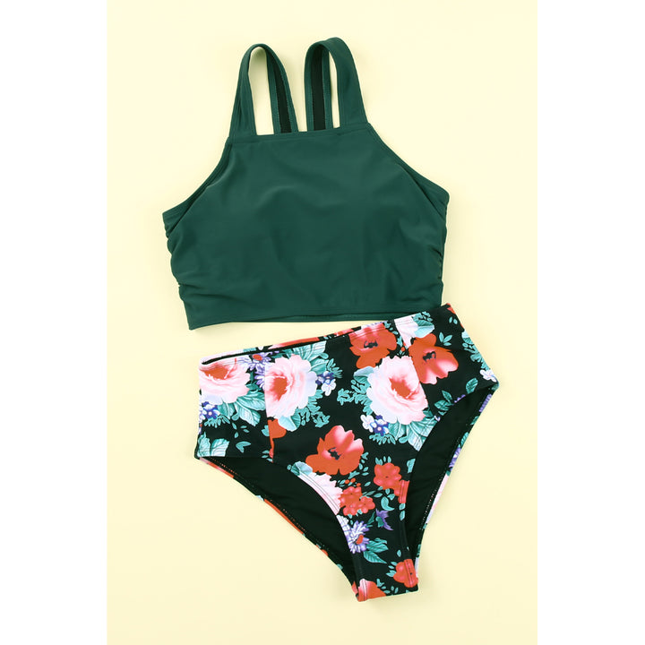 Womens Green Solid Swim Top and Floral High Waist Bathing Suit Image 11