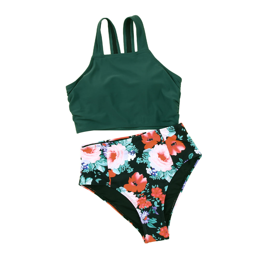 Womens Green Solid Swim Top and Floral High Waist Bathing Suit Image 12