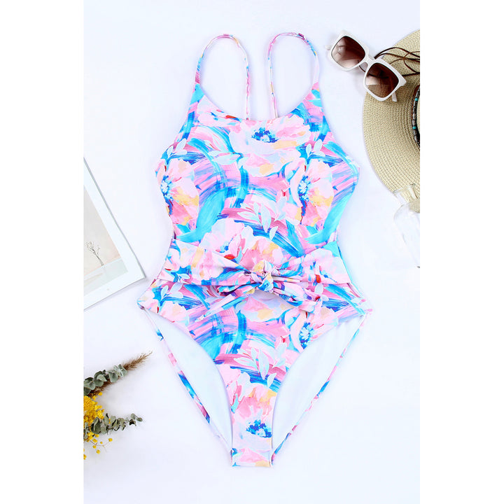 Womens Pink Floral Print Lace-up High Waist One-piece Swimsuit Image 1