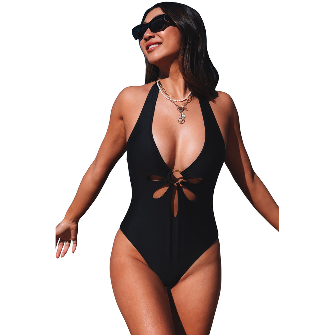 Womens Black Plunge V Neck O-ring Cut out One-piece Swimwear Image 9