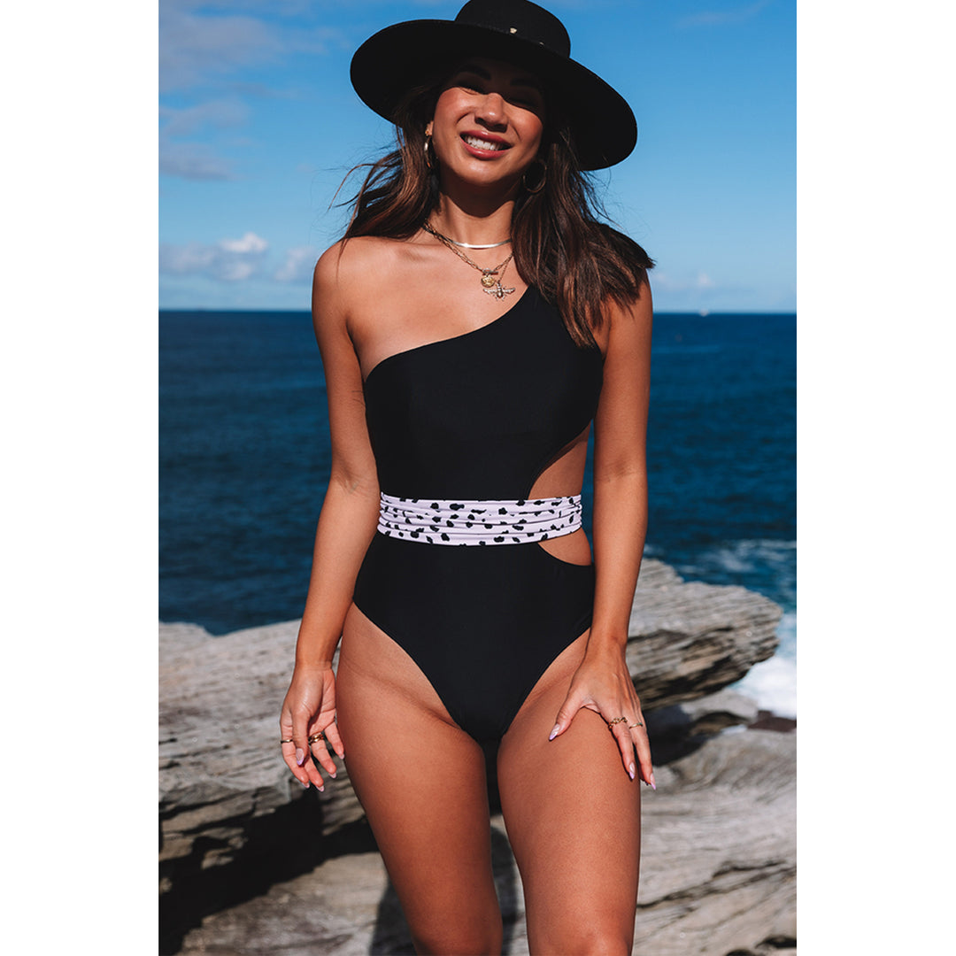 Women's Black Asymmetric Cutout Belted One-piece Swimwear Image 3