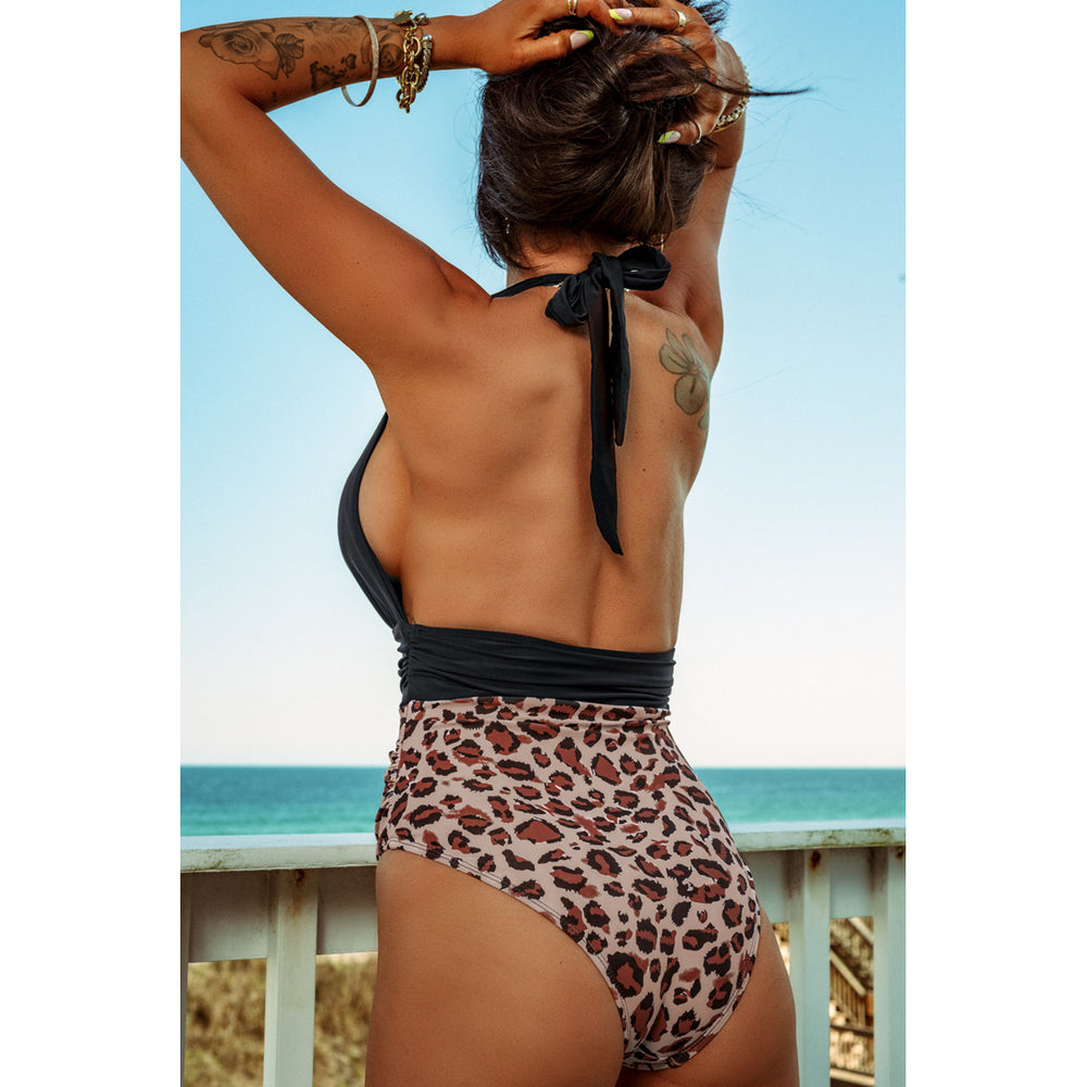 Womens Plunge V Neck Colorblock Leopard Bottoms One-piece Swimsuit Image 2