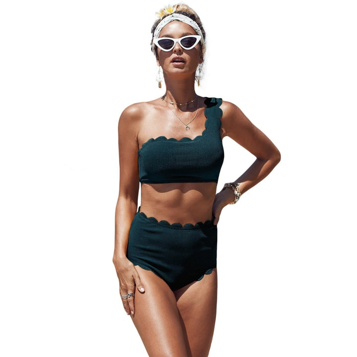 Womens Green High Waist Scalloped Trim One Shoulder Bikini Image 6