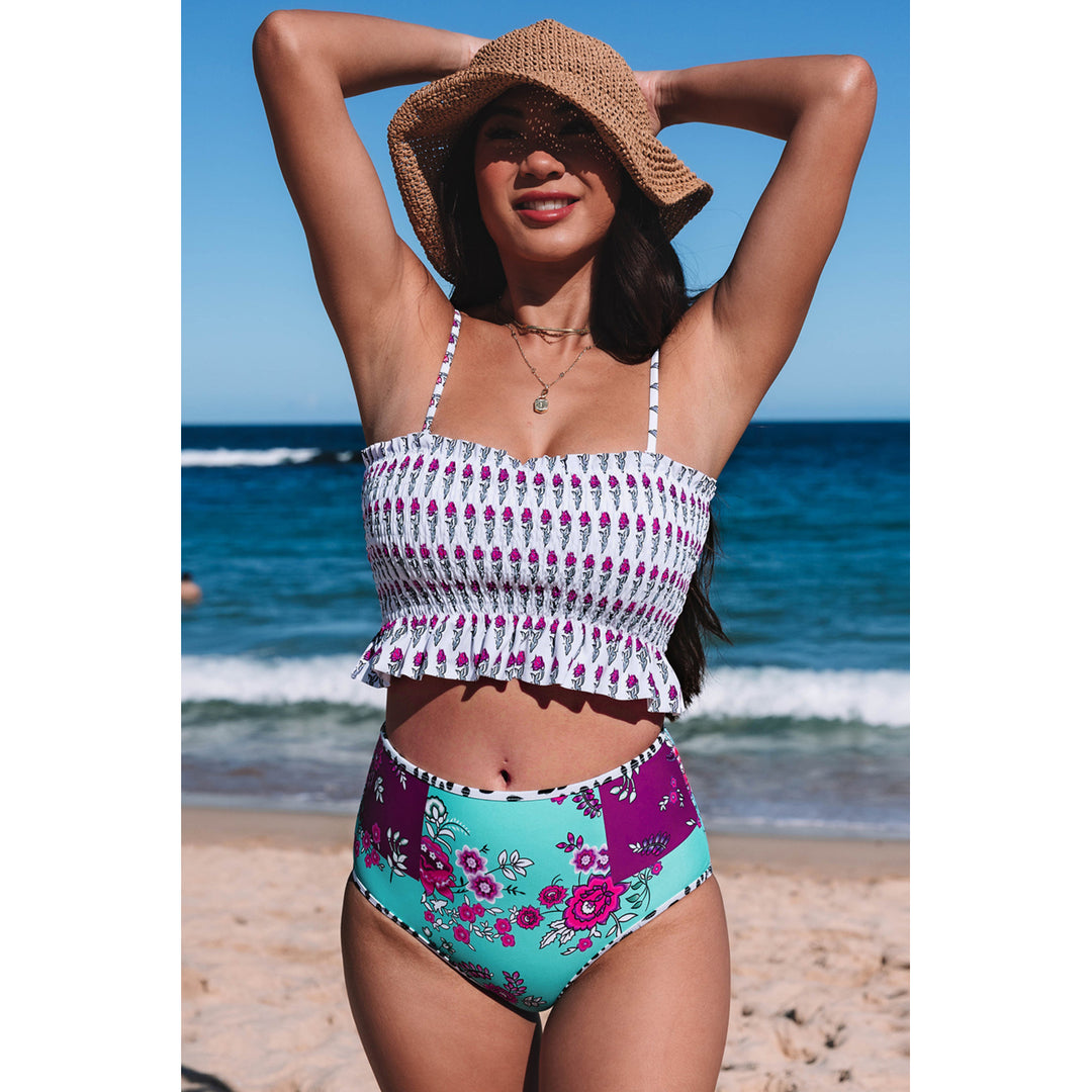 Womens Rose Printed Smocked High Waisted Swimsuit Image 4
