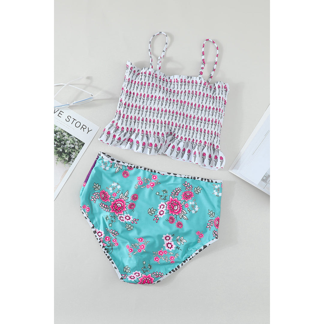 Womens Rose Printed Smocked High Waisted Swimsuit Image 8