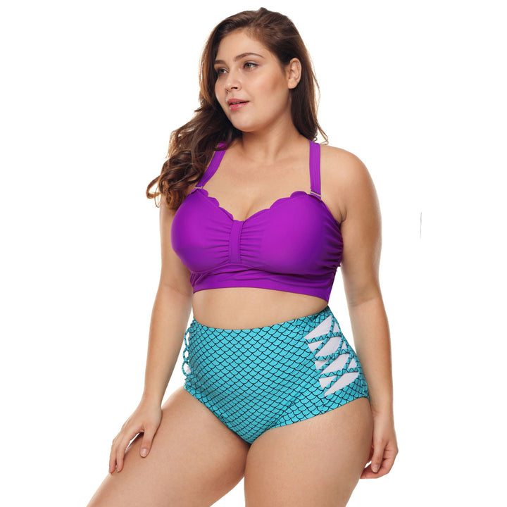 Womens Purple and Blue Scalloped Detail High Waist Swimsuit Image 3