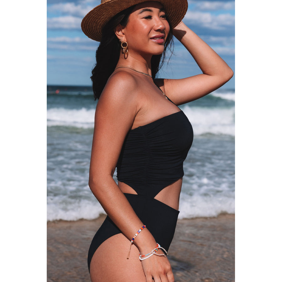 Womens Black Asymmetric Bare Shoulder Cutout One Piece Swimsuit Image 1