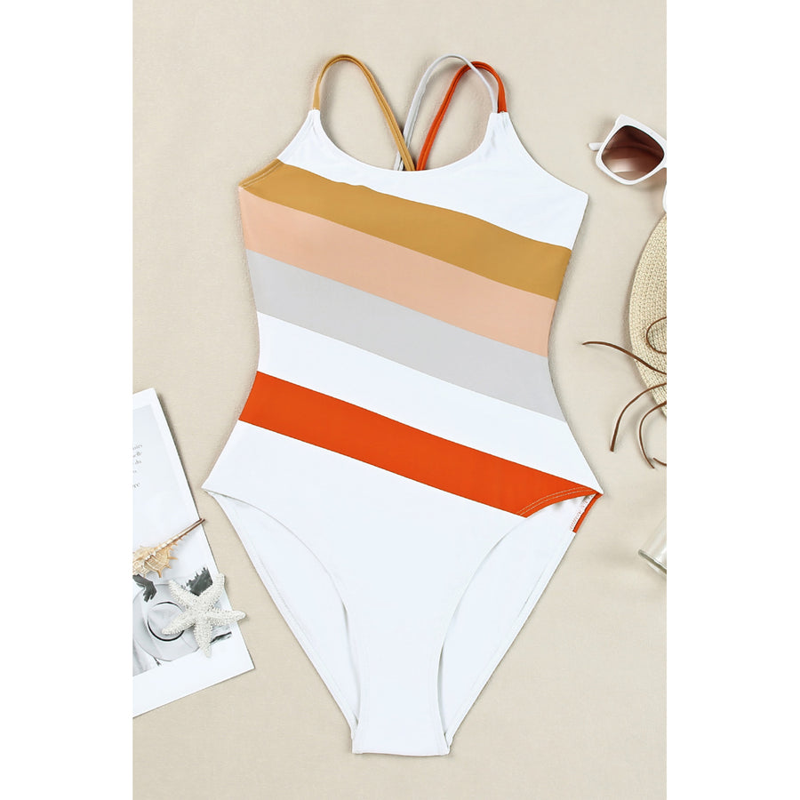 Womens Multicolor Striped Criss Cross Backless One-piece Swimwear Image 1