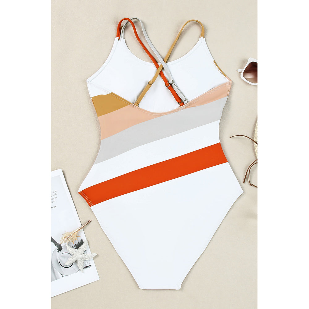 Womens Multicolor Striped Criss Cross Backless One-piece Swimwear Image 2