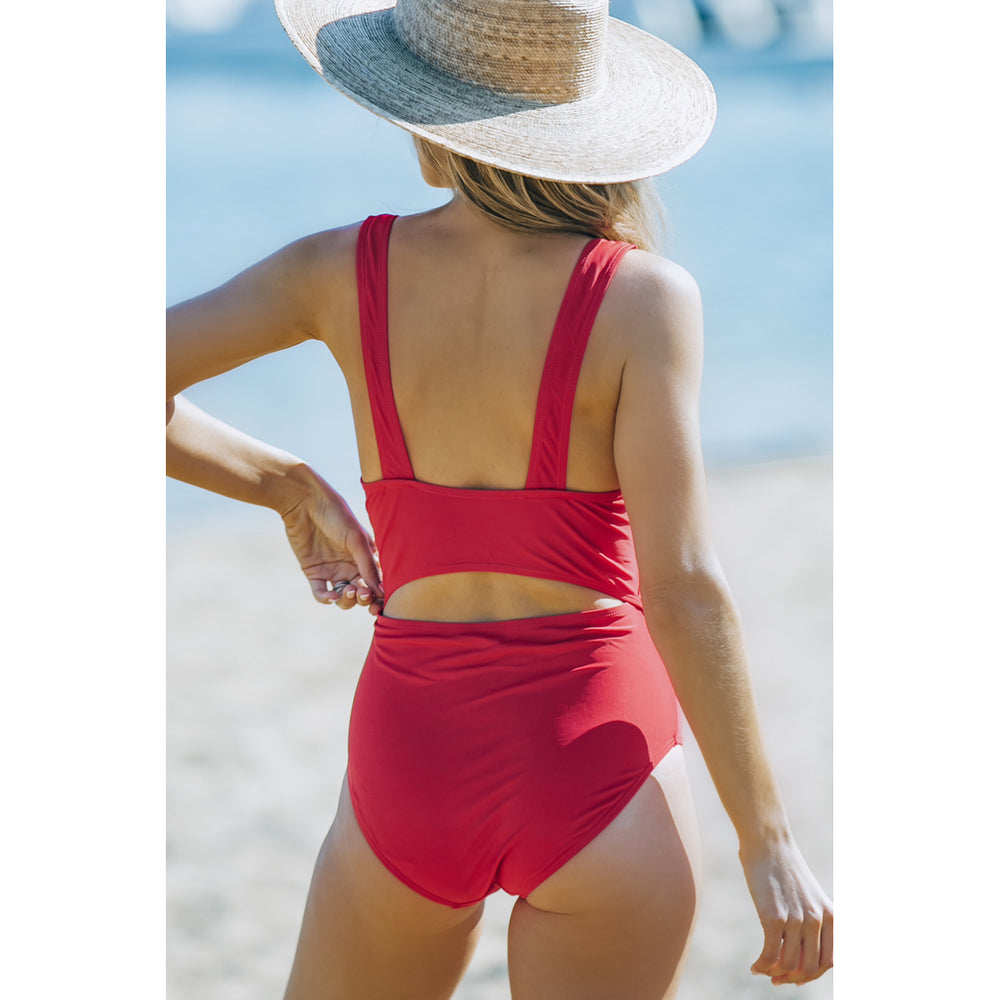 Womens Red Twisted Ruched Hollow Out One-piece Swimwear Image 2