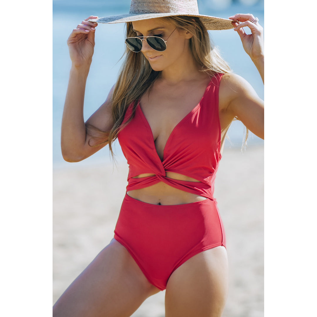 Womens Red Twisted Ruched Hollow Out One-piece Swimwear Image 3