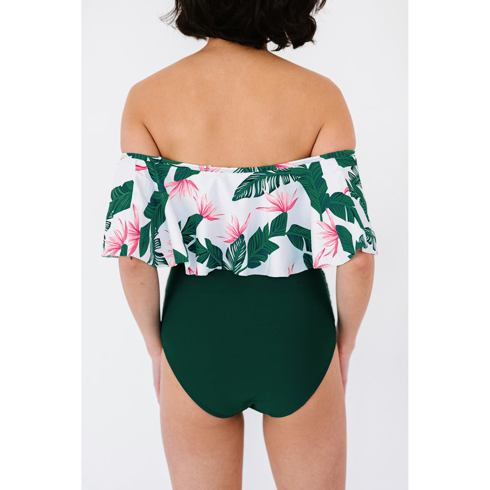 Women's Green Printed Off Shoulder Flounce Overlay One-piece Swimwear Image 2