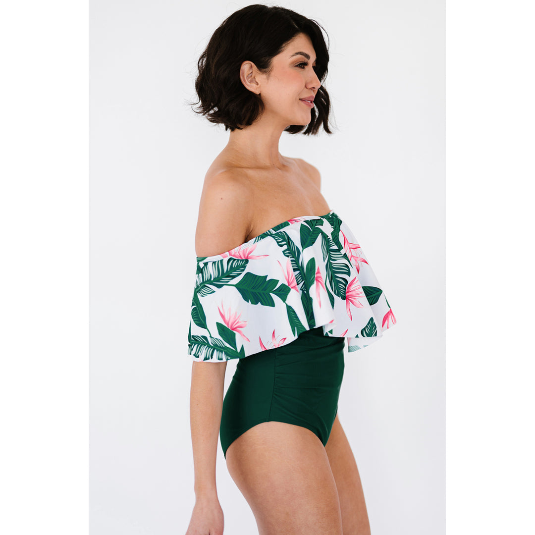 Women's Green Printed Off Shoulder Flounce Overlay One-piece Swimwear Image 1